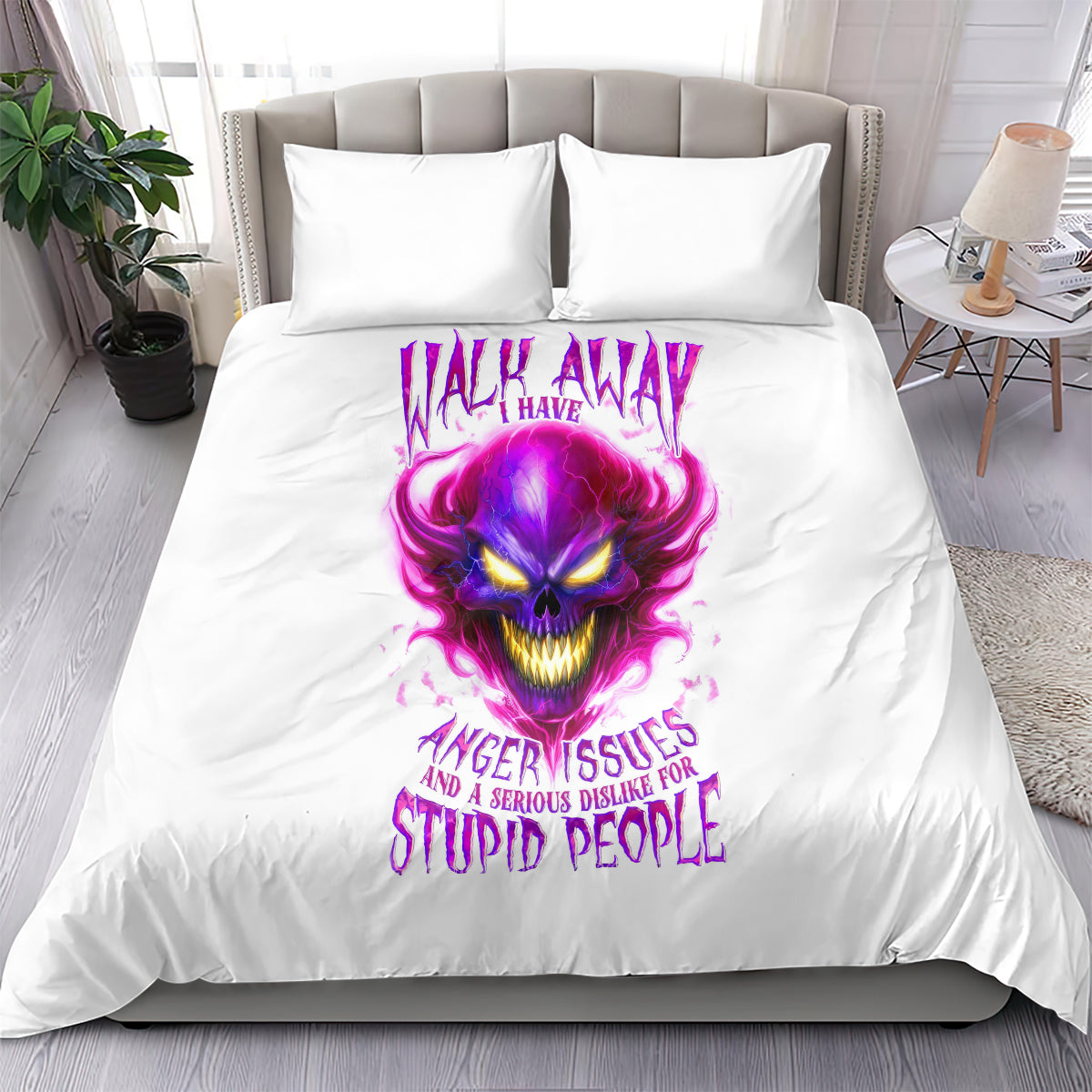 White duvet cover bedding set with purple flame skull and 'walk away' text