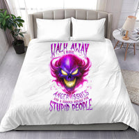White duvet cover bedding set with purple flame skull and 'walk away' text