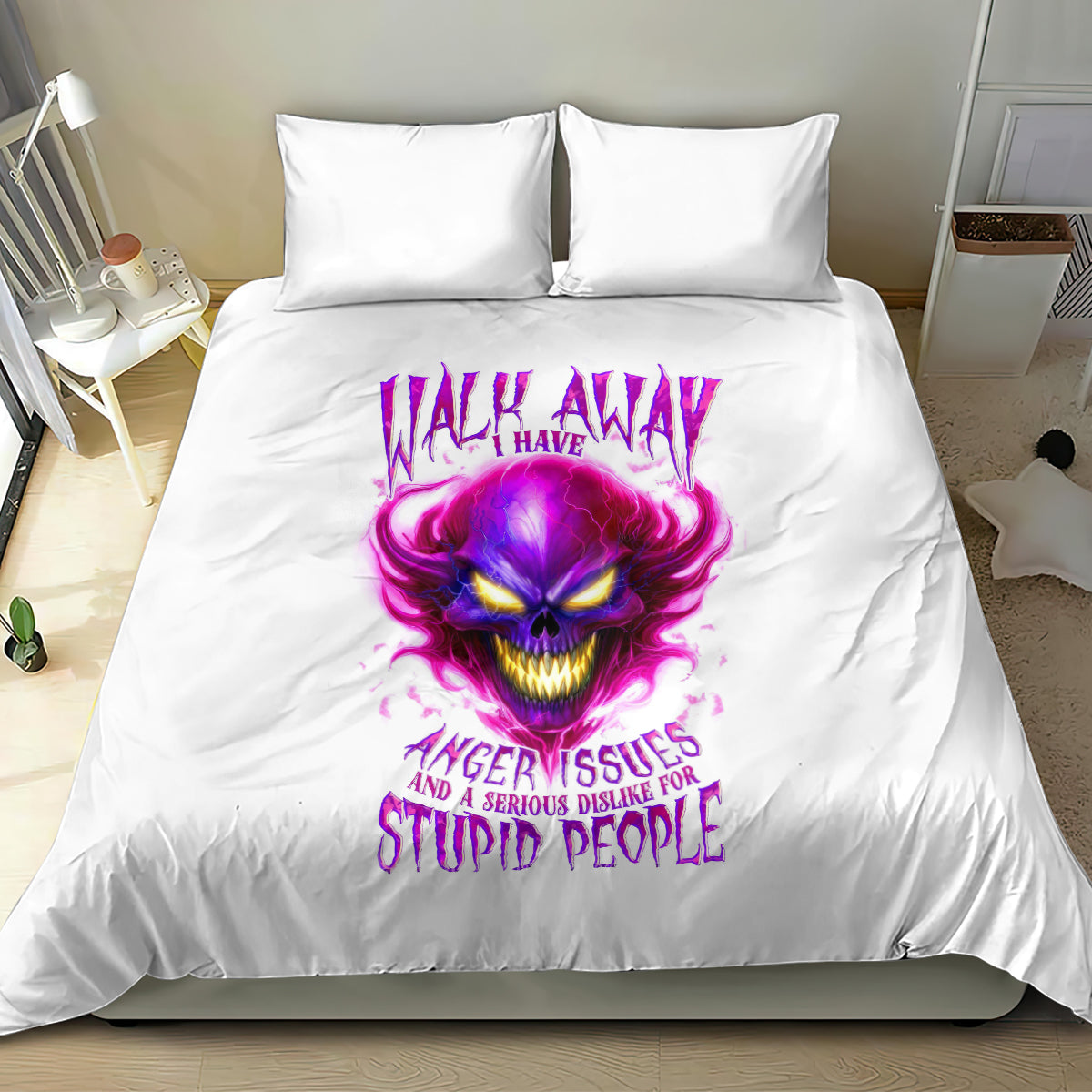 White bedding set with purple flame skull and 'walk away' text on duvet cover