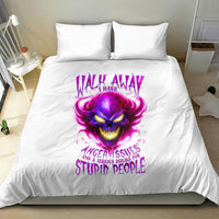 White bedding set with purple flame skull and 'walk away' text on duvet cover