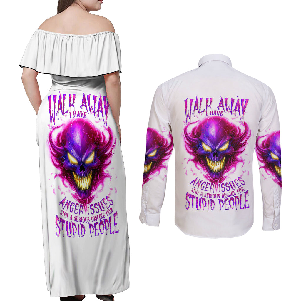 Flame Skull Couples Matching Off Shoulder Maxi Dress and Long Sleeve Button Shirts Walk Away I Have Anger Issues And Dislike For Stupod People - Wonder Print Shop