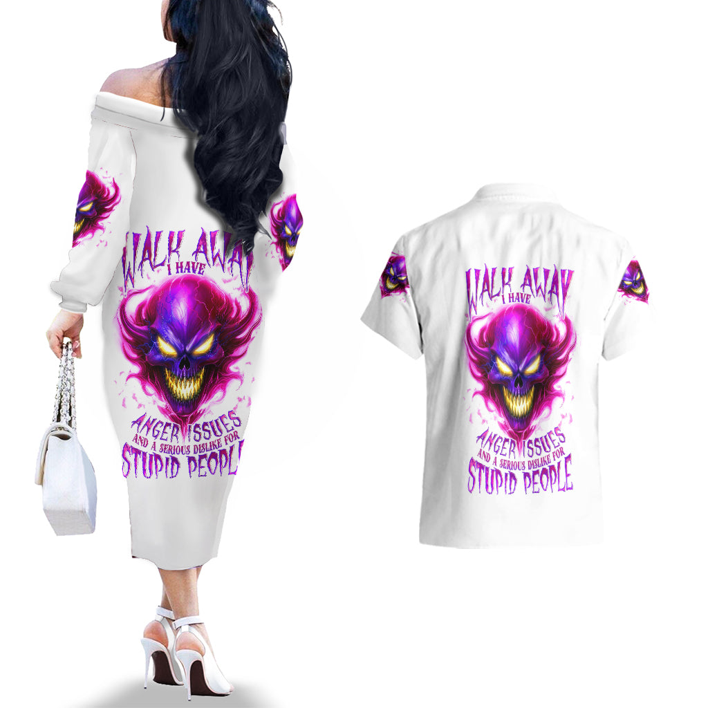 Flame Skull Couples Matching Off The Shoulder Long Sleeve Dress and Hawaiian Shirt Walk Away I Have Anger Issues And Dislike For Stupod People - Wonder Print Shop