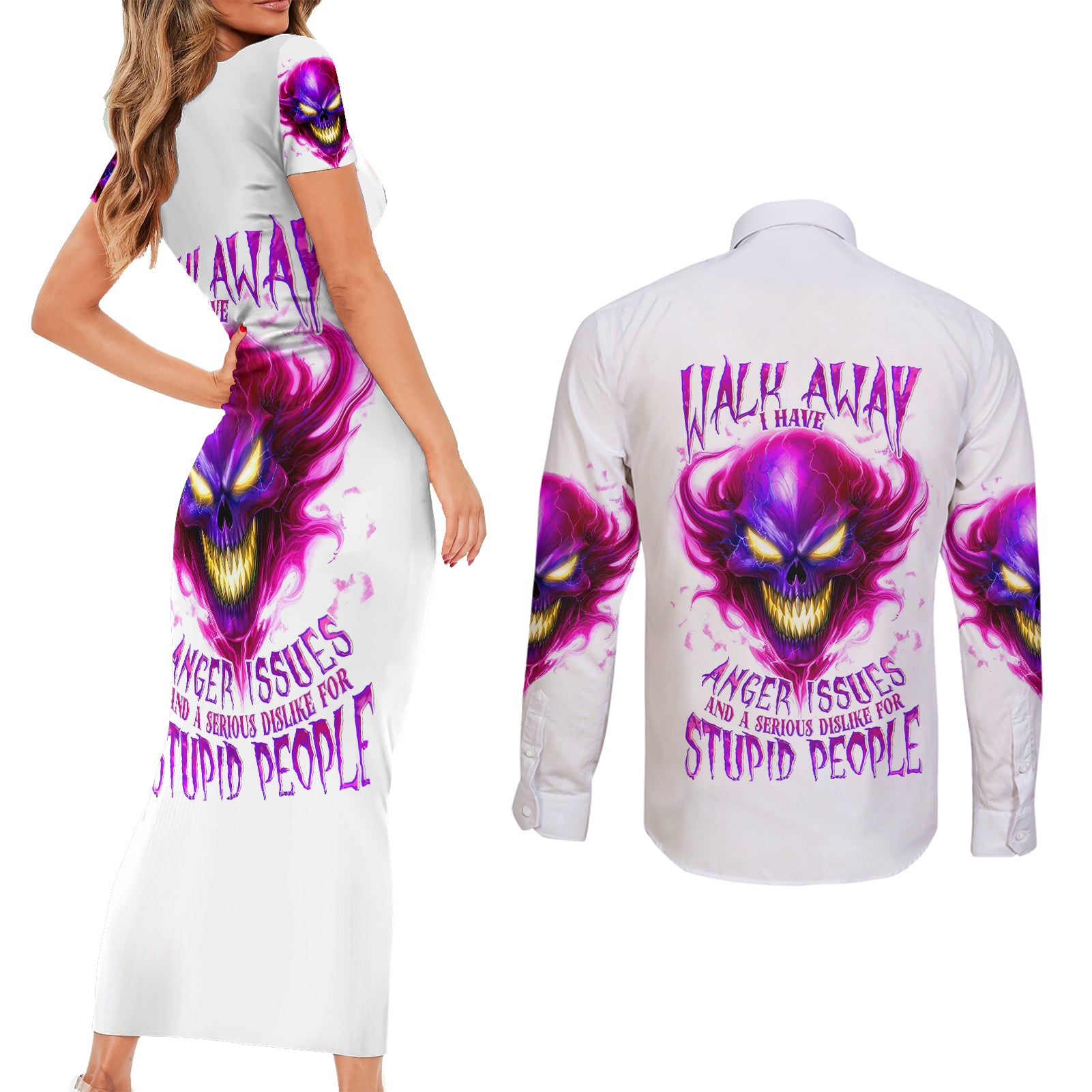 Flame Skull Couples Matching Short Sleeve Bodycon Dress and Long Sleeve Button Shirts Walk Away I Have Anger Issues And Dislike For Stupod People - Wonder Print Shop