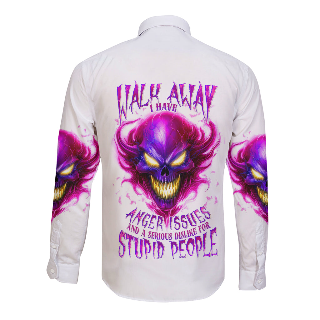 Flame Skull Long Sleeve Button Shirt Walk Away I Have Anger Issues And Dislike For Stupod People - Wonder Print Shop