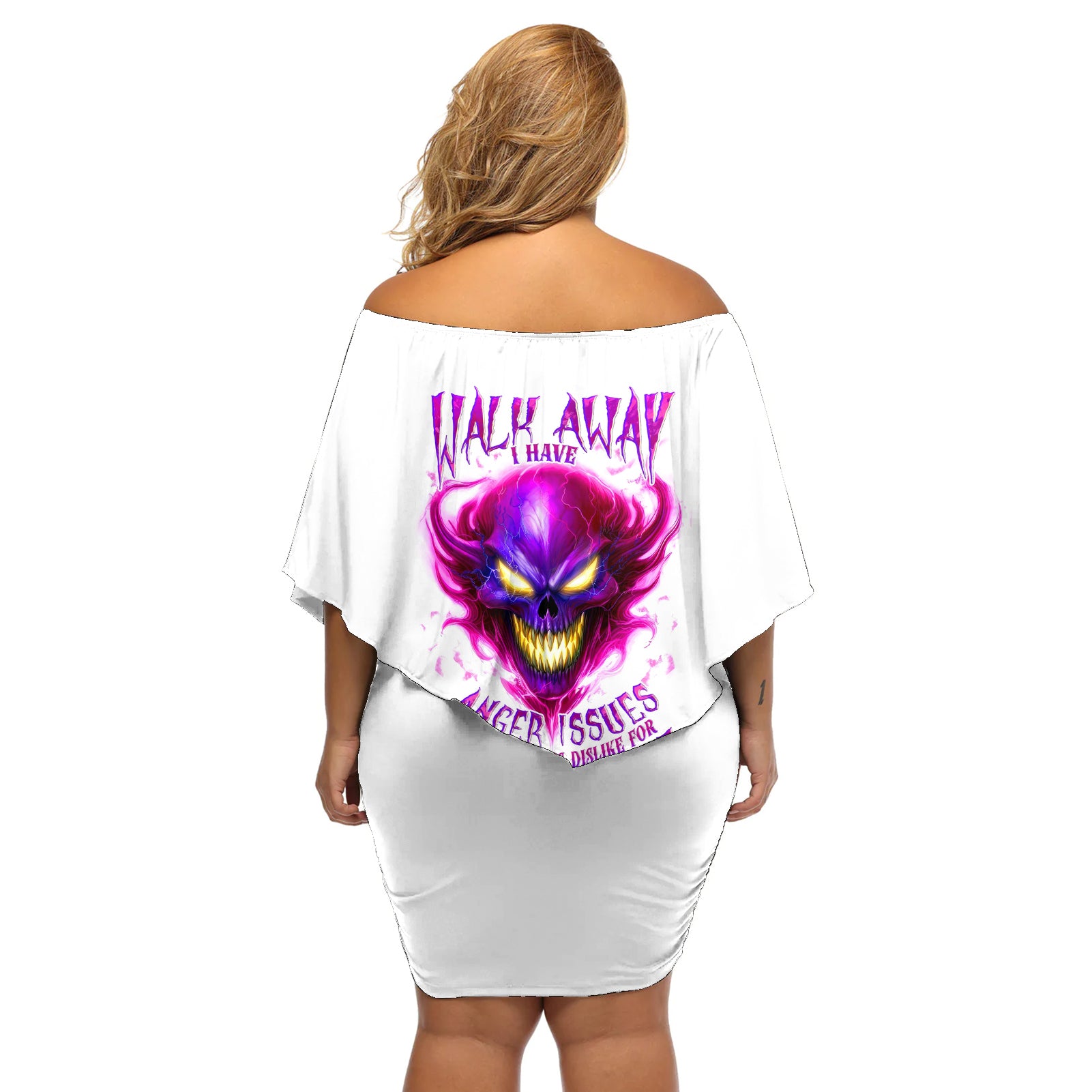 Flame Skull Off Shoulder Short Dress Walk Away I Have Anger Issues And Dislike For Stupod People - Wonder Print Shop