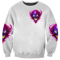 Unisex heather gray sweatshirt with small purple flame skull graphic on front
