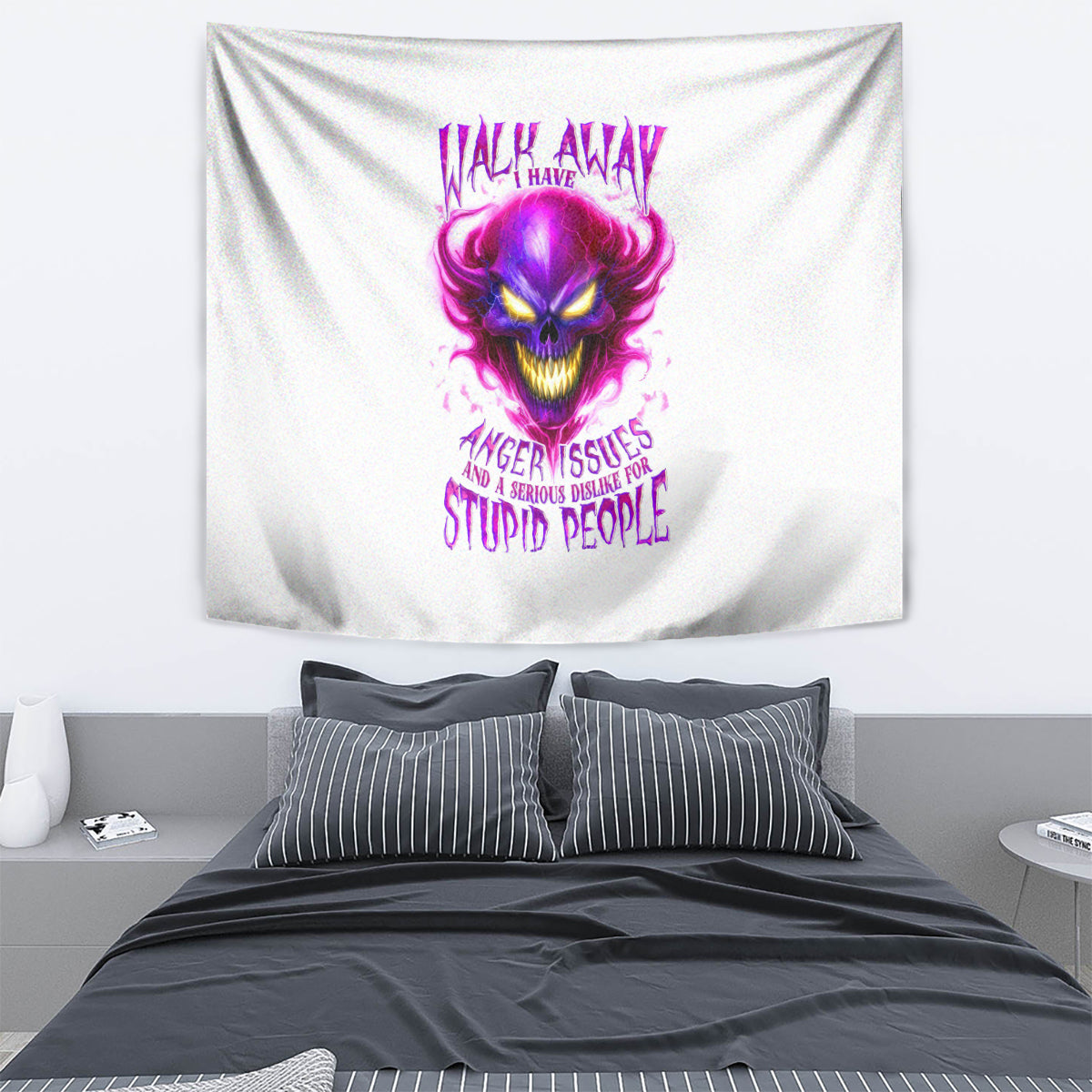 White wall tapestry with purple flaming skull and “Walk Away” text
