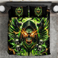 Skull graphic bedding set with neon green demon artwork and matching black pillowcases