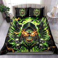 Neon green skull demon bedding set with two matching black decorative pillows