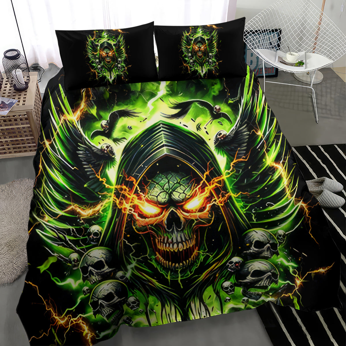 Black skull demon duvet cover with neon green flame skull graphic and two pillows