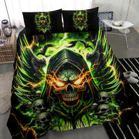 Black skull demon duvet cover with neon green flame skull graphic and two pillows