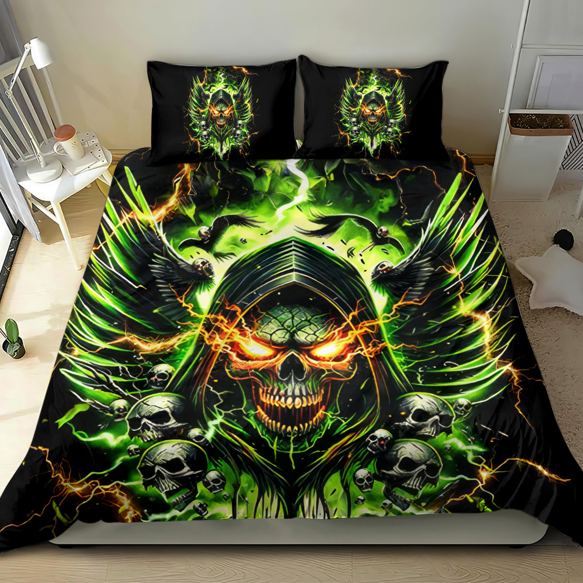 Skull demon bedding set in black with neon green artwork and two standard pillowcases