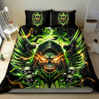 Skull demon bedding set in black with neon green artwork and two standard pillowcases