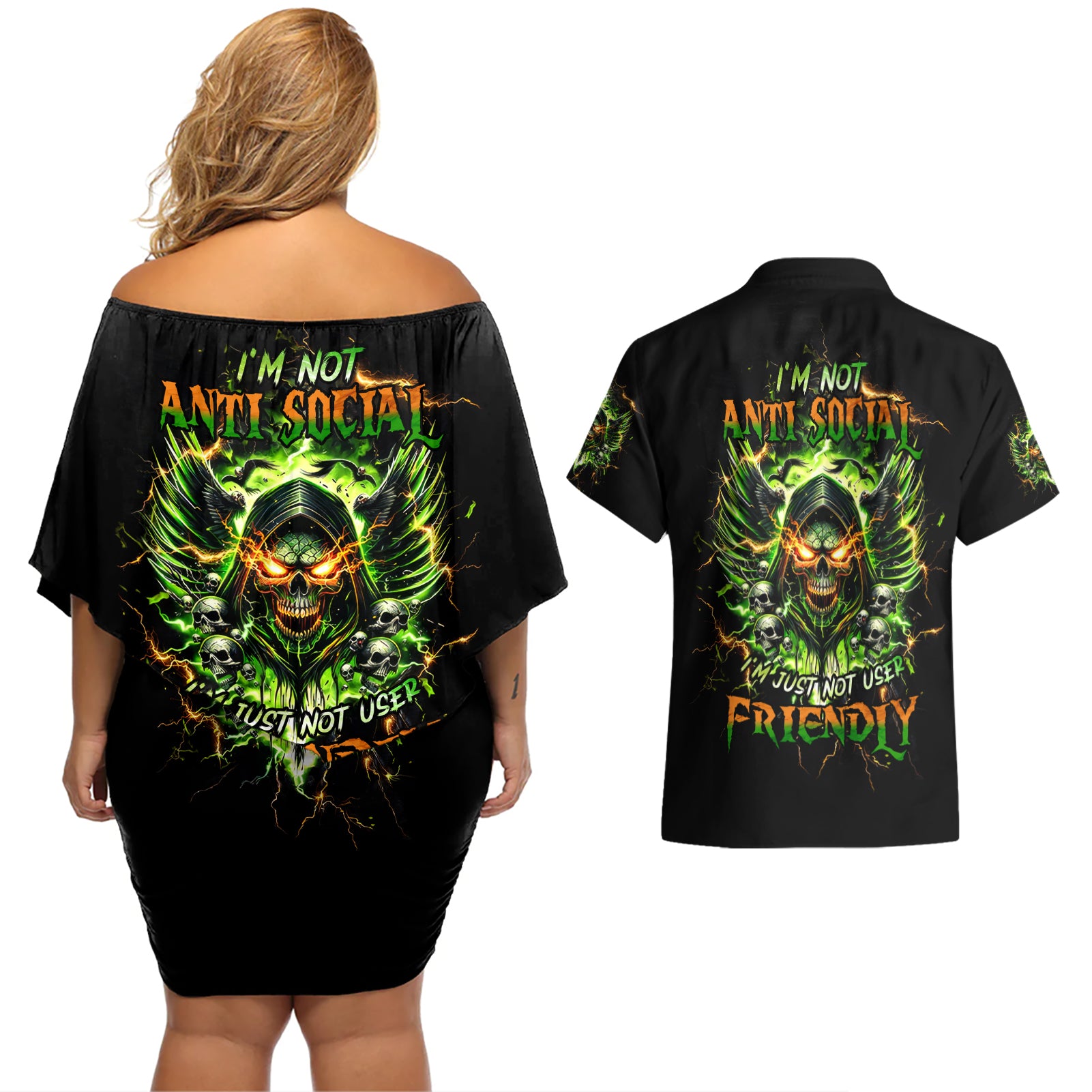 Doule Skull Couples Matching Off Shoulder Short Dress and Hawaiian Shirt Angel To Some Demon To Most - Wonder Print Shop