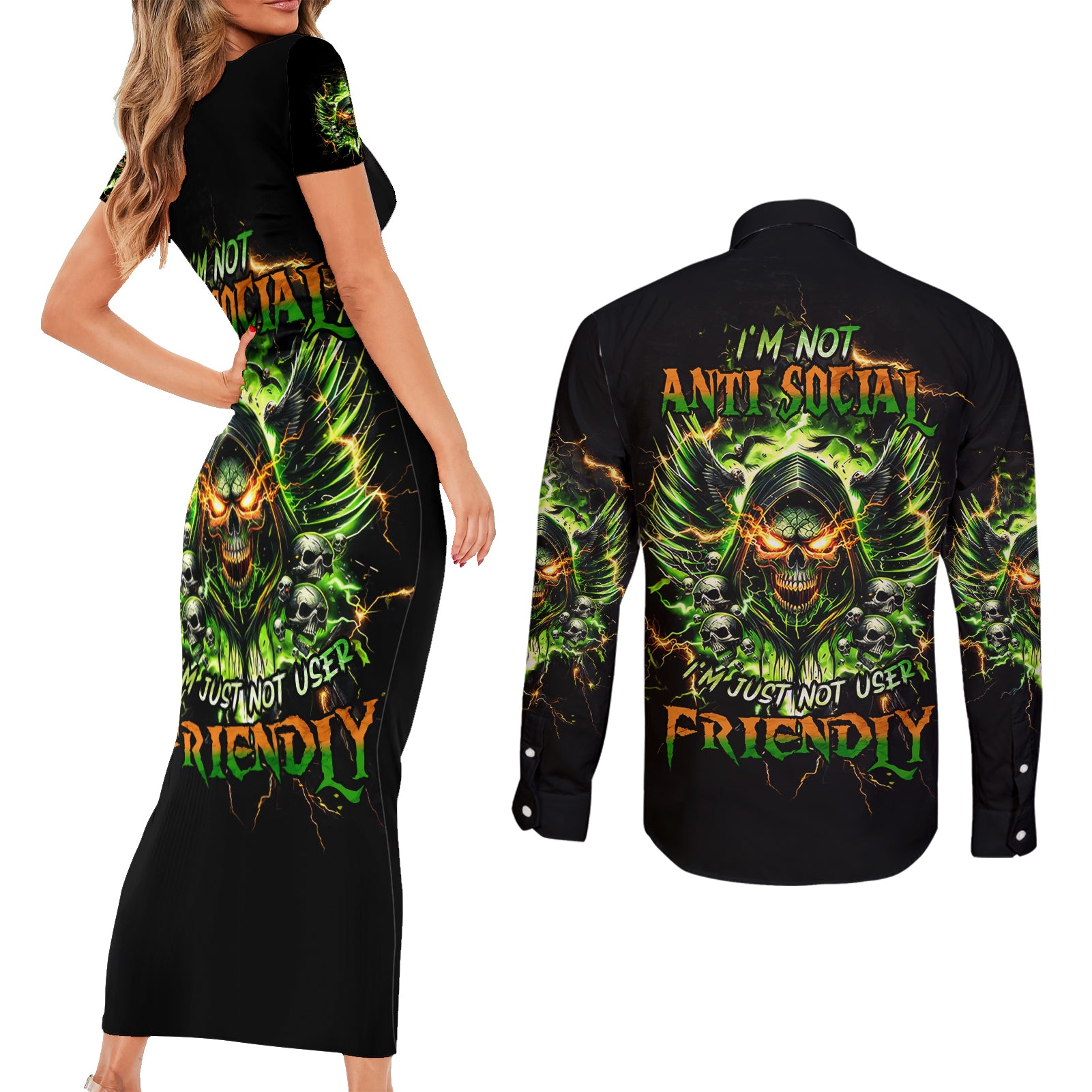 Doule Skull Couples Matching Short Sleeve Bodycon Dress and Long Sleeve Button Shirt Angel To Some Demon To Most - Wonder Print Shop