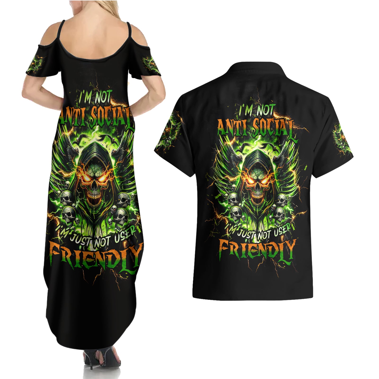 Doule Skull Couples Matching Summer Maxi Dress and Hawaiian Shirt Angel To Some Demon To Most - Wonder Print Shop