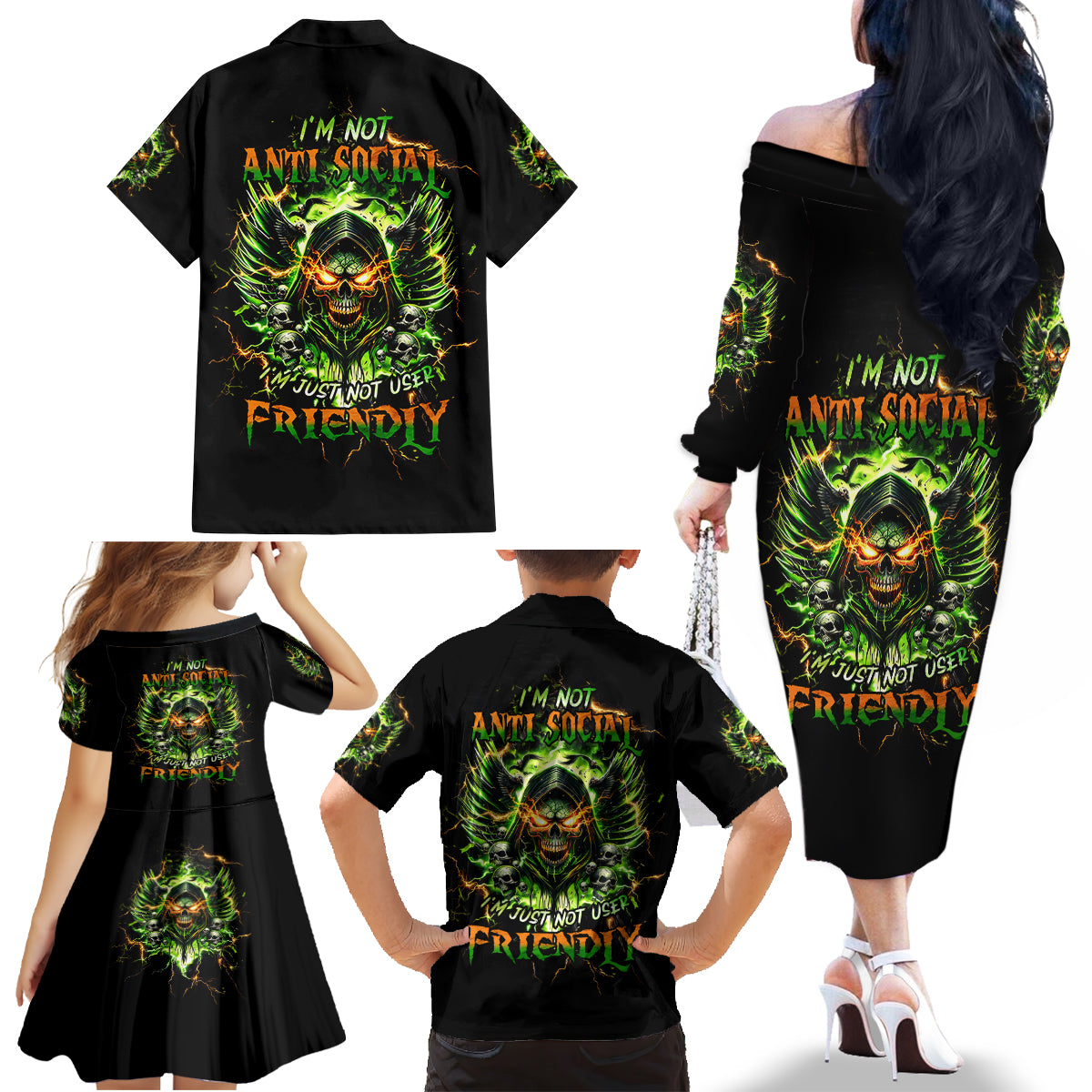 Doule Skull Family Matching Off Shoulder Long Sleeve Dress and Hawaiian Shirt Angel To Some Demon To Most - Wonder Print Shop