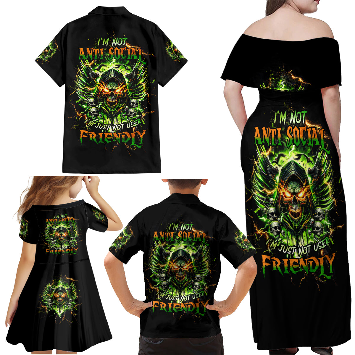 Doule Skull Family Matching Off Shoulder Maxi Dress and Hawaiian Shirt Angel To Some Demon To Most - Wonder Print Shop