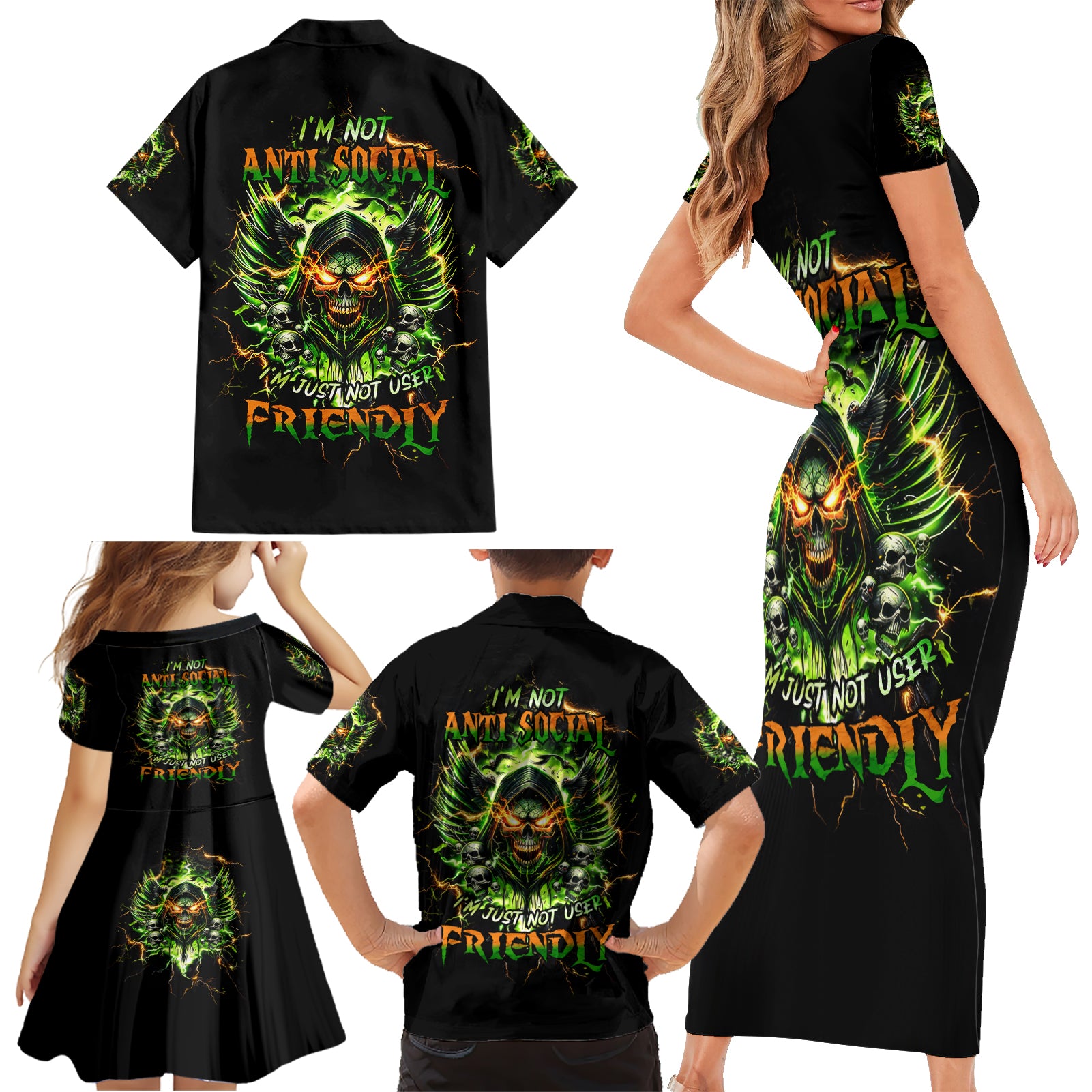 Doule Skull Family Matching Short Sleeve Bodycon Dress and Hawaiian Shirt Angel To Some Demon To Most - Wonder Print Shop