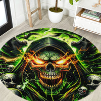 Round black carpet with green skull face and orange flame lines, close view