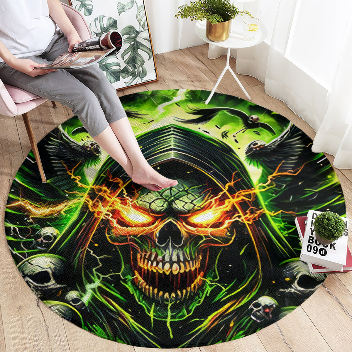 Round black carpet with green demon skull, orange glowing crack pattern