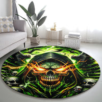 Round black skull graphic carpet with neon green highlights and orange fiery center