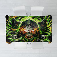 Rectangular black skull tablecloth with neon green lightning artwork, top view