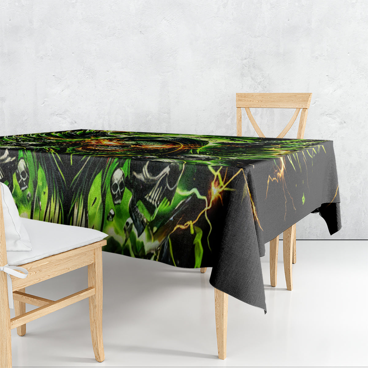 Black skull tablecloth with neon green print, hanging skirt over table corner