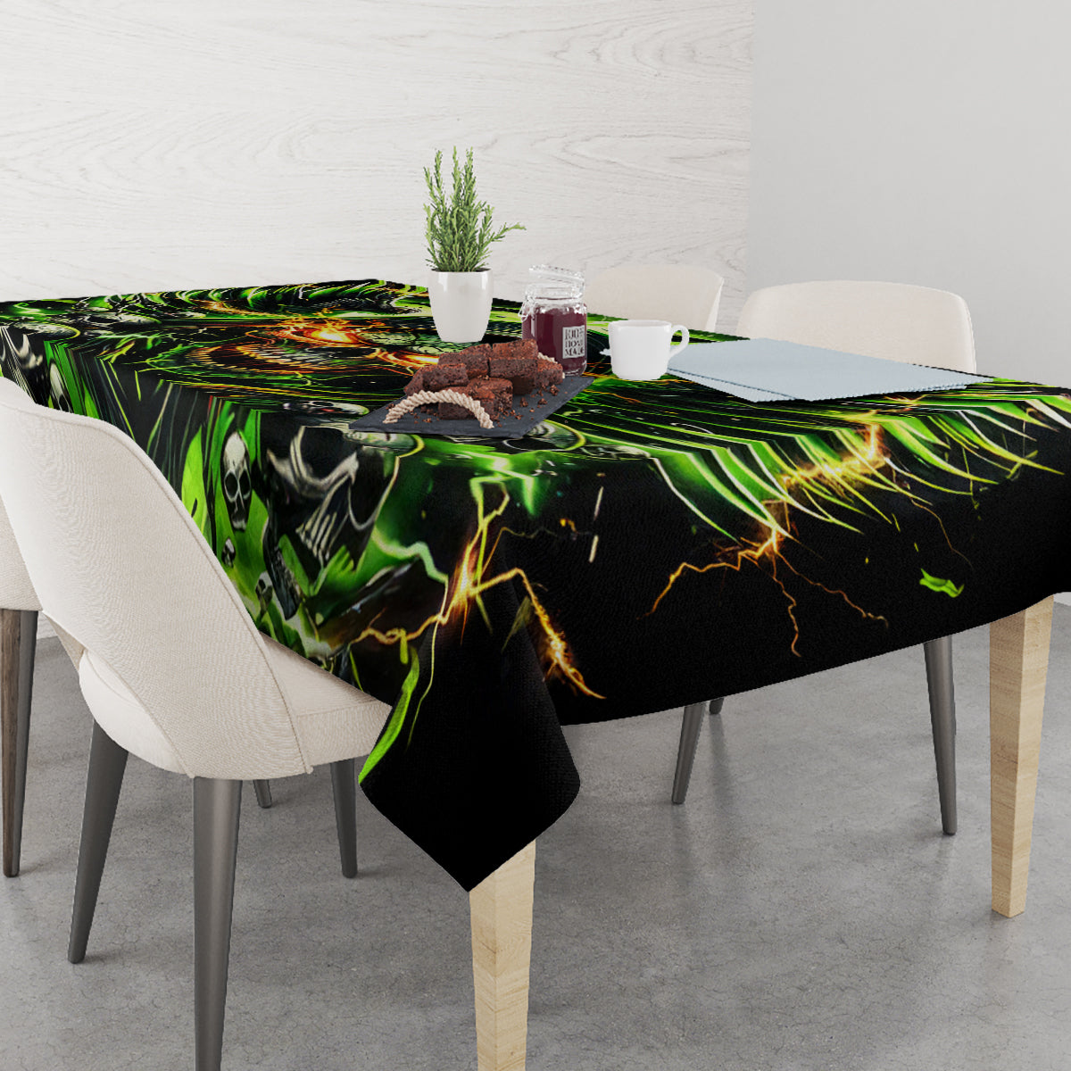 Black skull tablecloth with neon green lightning skull design on dining table, side view