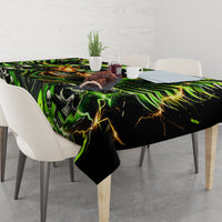 Black skull tablecloth with neon green lightning skull design on dining table, side view