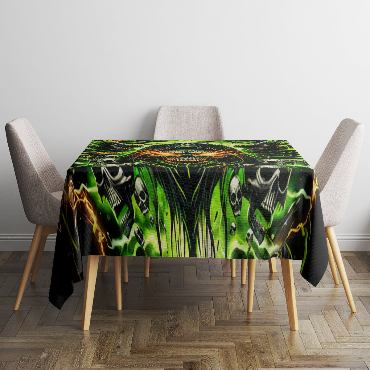Black skull tablecloth with neon green graphic on table with four chairs