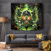 Black horror skull tapestry wall hanging with green fire wings and lightning accents