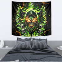 Black skull horror tapestry with green flame glow, glowing eyes, and winged skulls