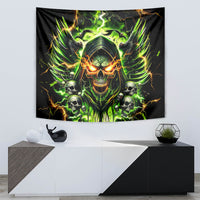 Black skull horror tapestry with green glow, fiery orange eyes, and lightning lines