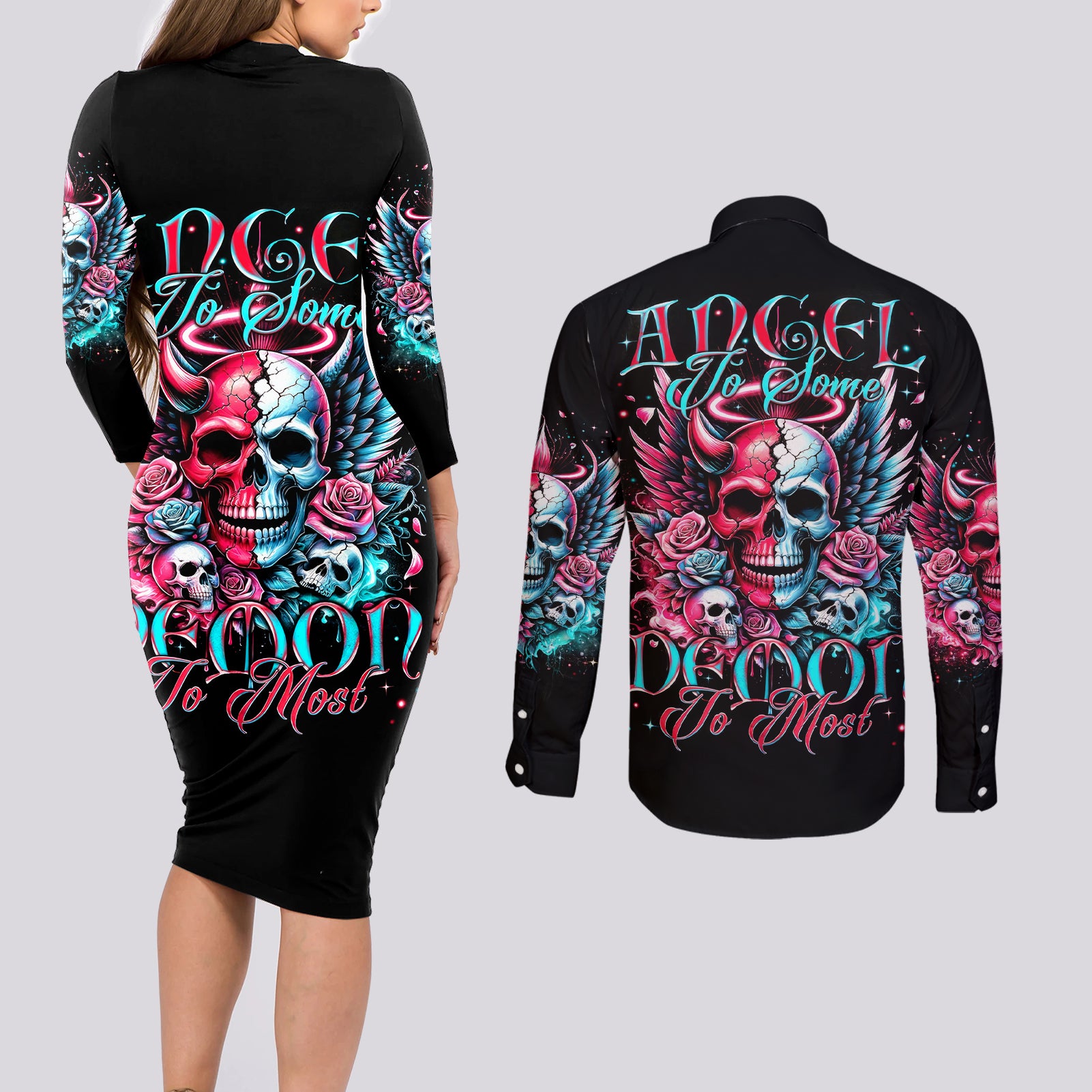 Couple Skull Couples Matching Long Sleeve Bodycon Dress and Long Sleeve Button Shirt She Was And Angel Craving Chaos Demon Seeking Peace - Wonder Print Shop