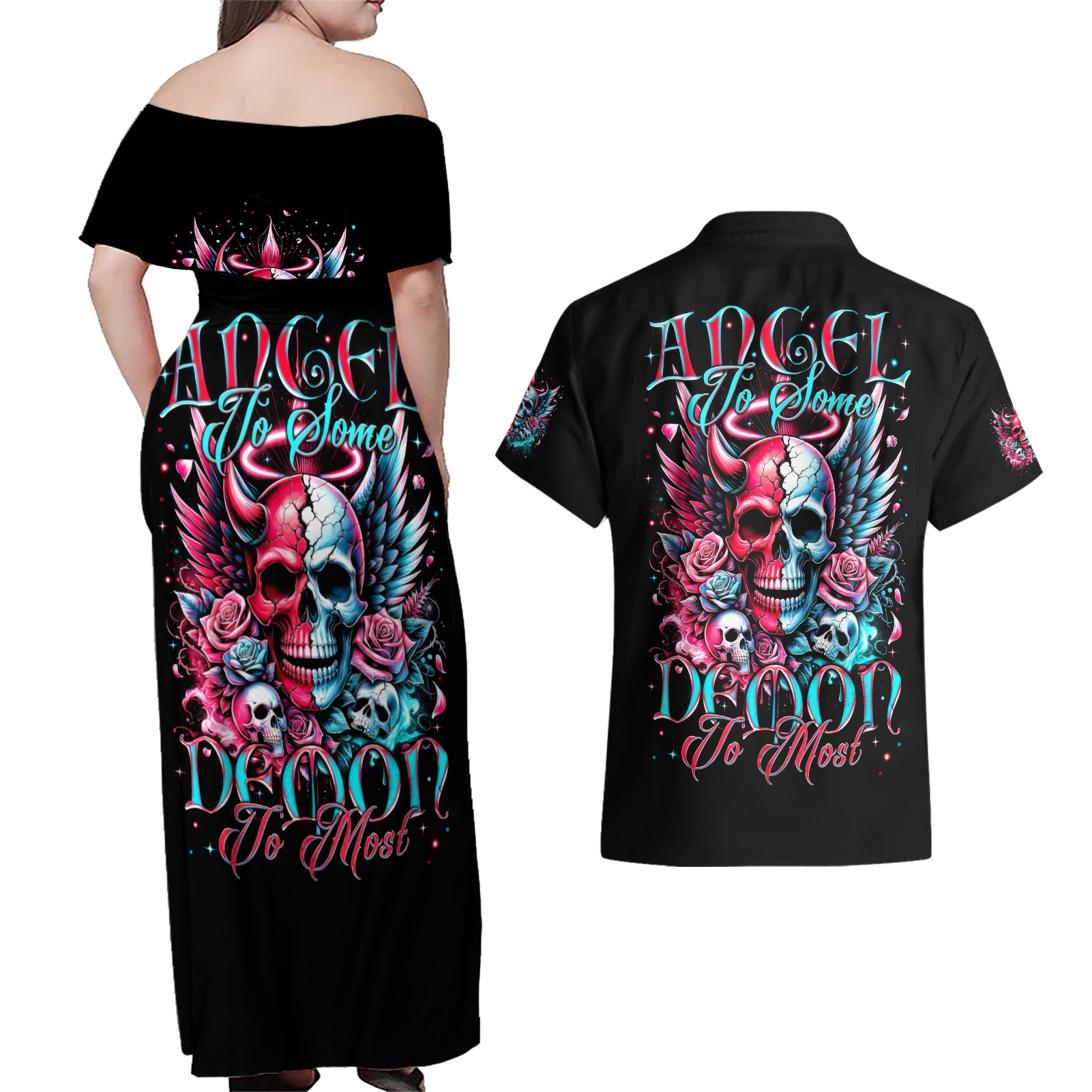 Couple Skull Couples Matching Off Shoulder Maxi Dress and Hawaiian Shirt She Was And Angel Craving Chaos Demon Seeking Peace - Wonder Print Shop