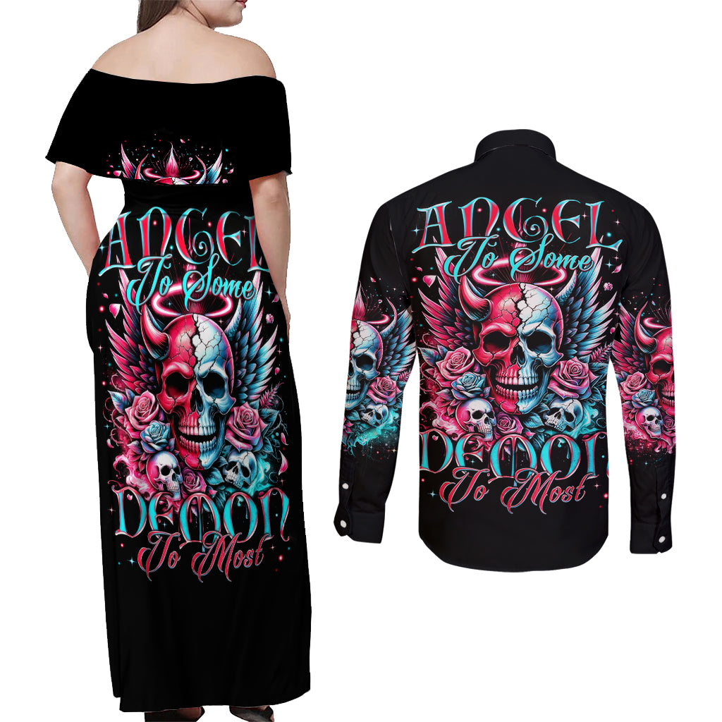 Couple Skull Couples Matching Off Shoulder Maxi Dress and Long Sleeve Button Shirt She Was And Angel Craving Chaos Demon Seeking Peace - Wonder Print Shop