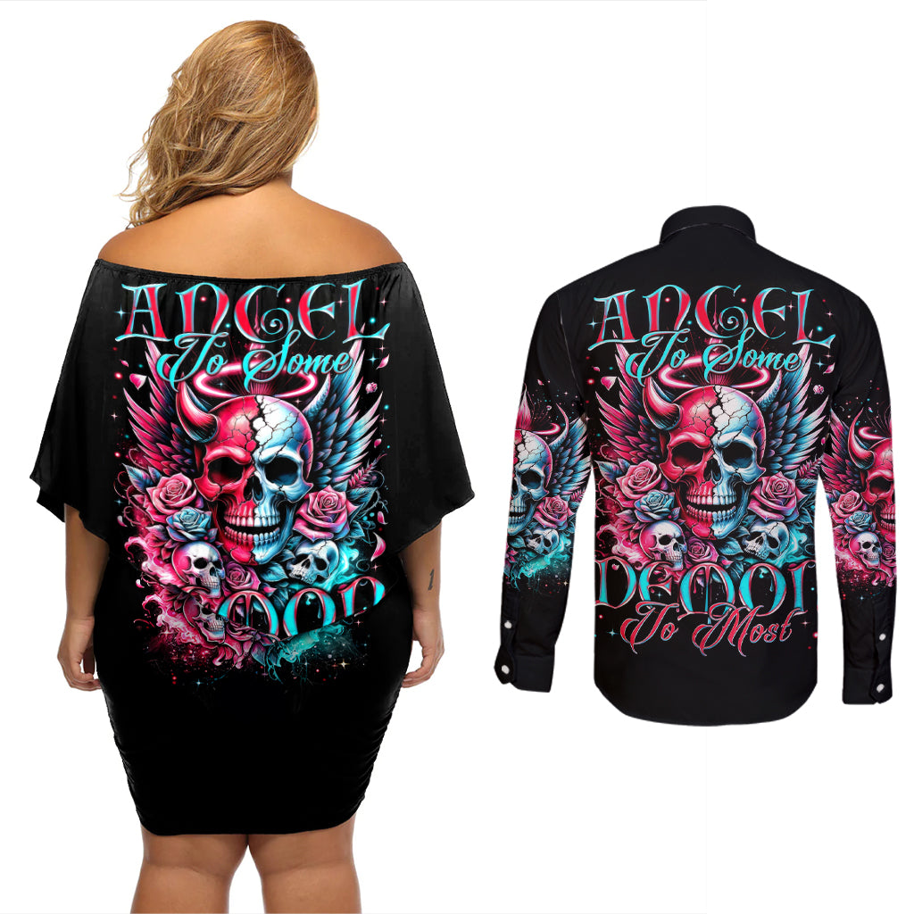 Couple Skull Couples Matching Off Shoulder Short Dress and Long Sleeve Button Shirt She Was And Angel Craving Chaos Demon Seeking Peace - Wonder Print Shop