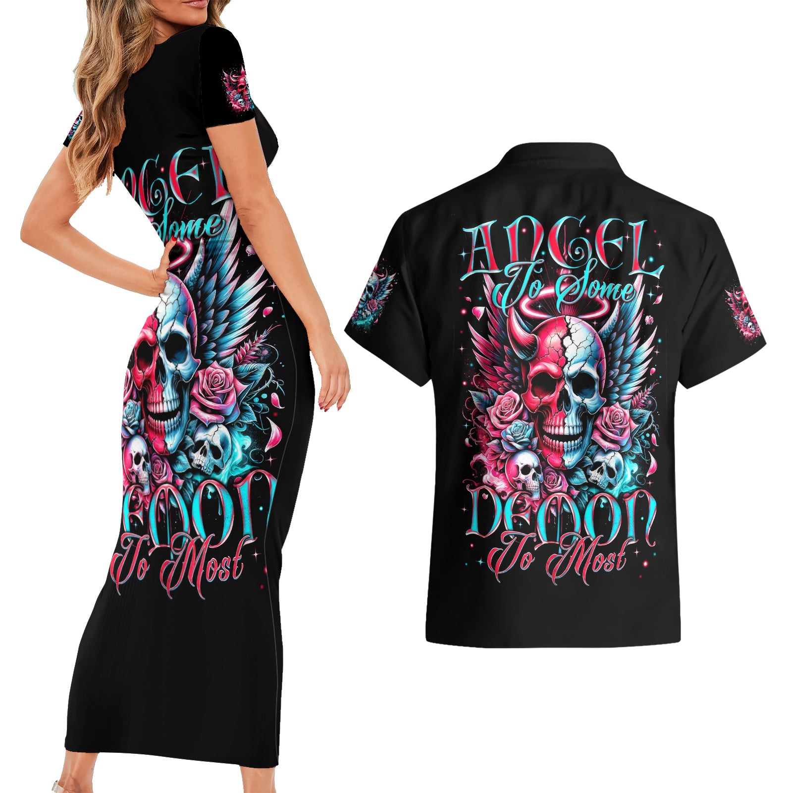 Couple Skull Couples Matching Short Sleeve Bodycon Dress and Hawaiian Shirt She Was And Angel Craving Chaos Demon Seeking Peace - Wonder Print Shop