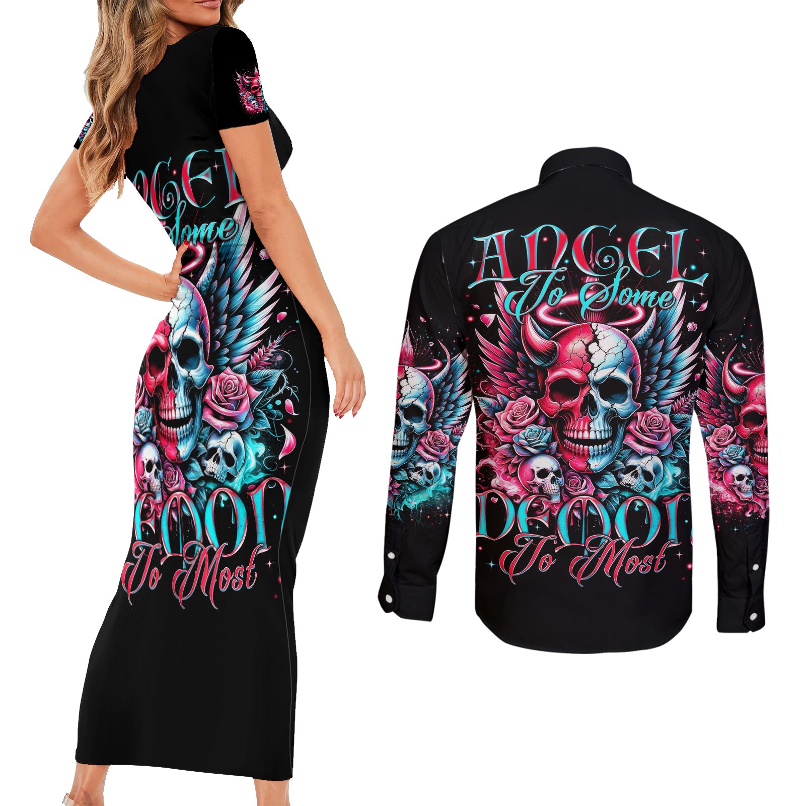 Couple Skull Couples Matching Short Sleeve Bodycon Dress and Long Sleeve Button Shirt She Was And Angel Craving Chaos Demon Seeking Peace - Wonder Print Shop