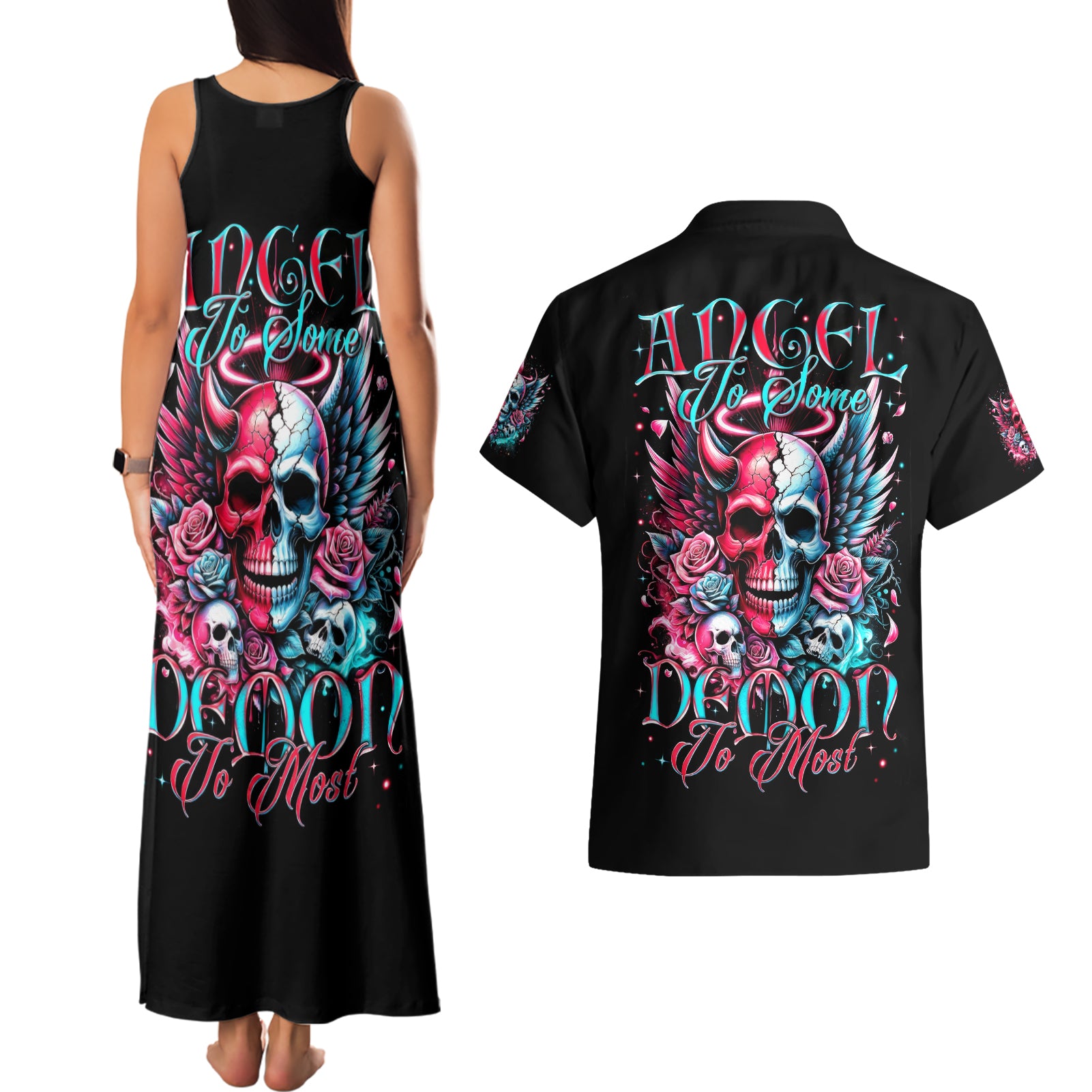 Couple Skull Couples Matching Tank Maxi Dress and Hawaiian Shirt She Was And Angel Craving Chaos Demon Seeking Peace - Wonder Print Shop