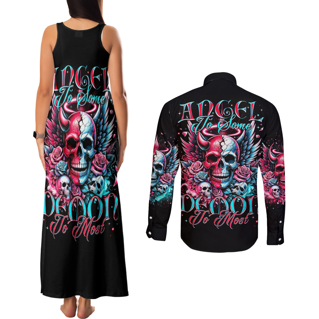 Couple Skull Couples Matching Tank Maxi Dress and Long Sleeve Button Shirt She Was And Angel Craving Chaos Demon Seeking Peace - Wonder Print Shop