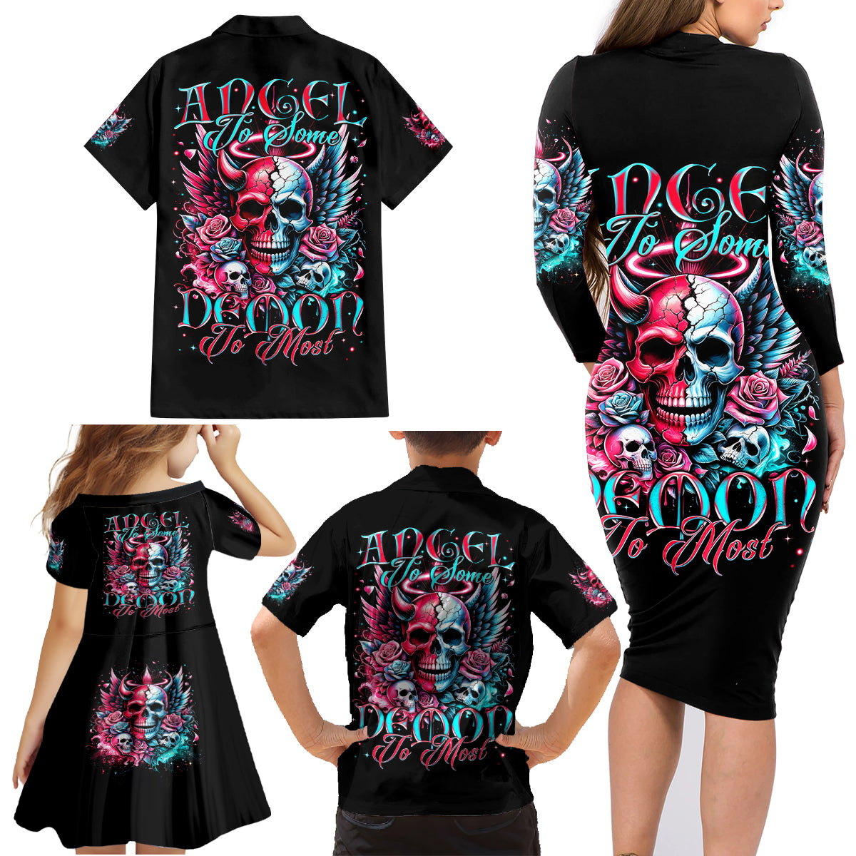 Couple Skull Family Matching Long Sleeve Bodycon Dress and Hawaiian Shirt She Was And Angel Craving Chaos Demon Seeking Peace - Wonder Print Shop