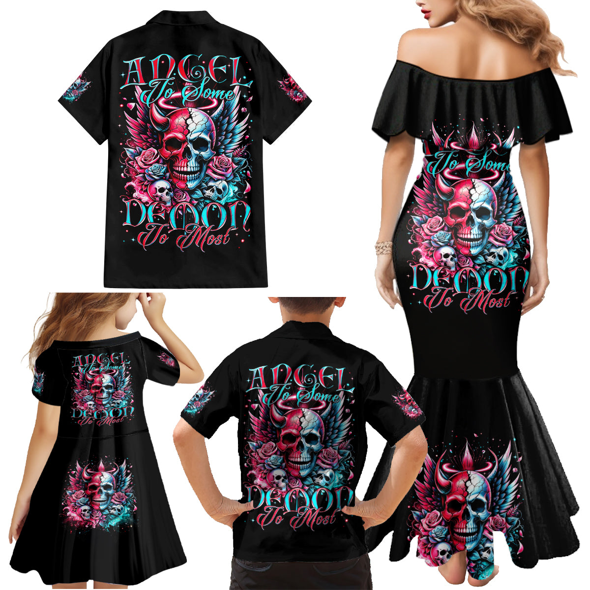 Couple Skull Family Matching Mermaid Dress and Hawaiian Shirt She Was And Angel Craving Chaos Demon Seeking Peace - Wonder Print Shop