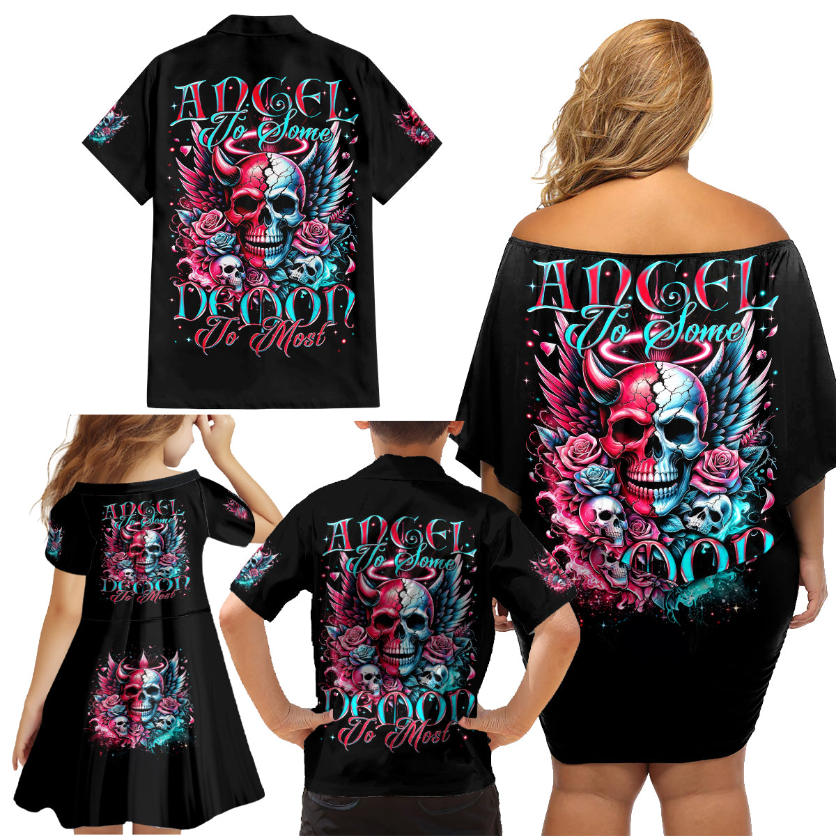 Couple Skull Family Matching Off Shoulder Short Dress and Hawaiian Shirt She Was And Angel Craving Chaos Demon Seeking Peace - Wonder Print Shop