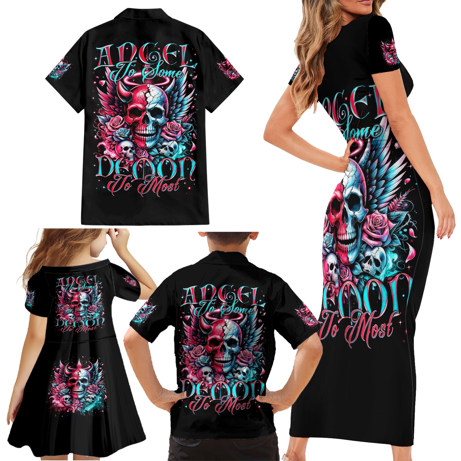 Couple Skull Family Matching Short Sleeve Bodycon Dress and Hawaiian Shirt She Was And Angel Craving Chaos Demon Seeking Peace - Wonder Print Shop