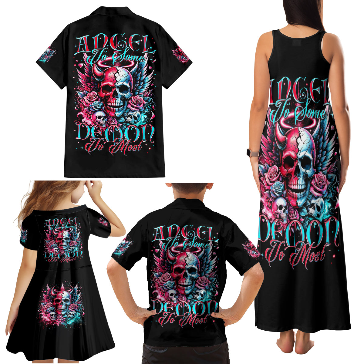 Couple Skull Family Matching Tank Maxi Dress and Hawaiian Shirt She Was And Angel Craving Chaos Demon Seeking Peace - Wonder Print Shop