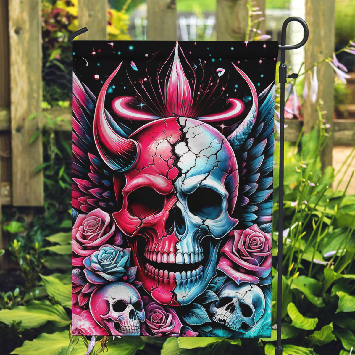 Couple Skull Garden Flag She Was And Angel Craving Chaos Demon Seeking Peace - Wonder Print Shop