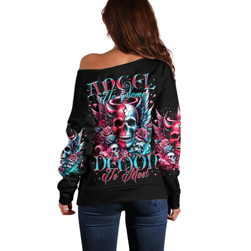 Couple Skull Off Shoulder Sweater She Was And Angel Craving Chaos Demon Seeking Peace - Wonder Print Shop