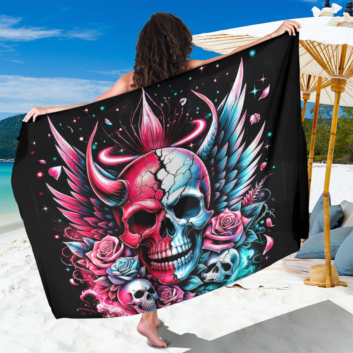 Couple Skull Sarong She Was And Angel Craving Chaos Demon Seeking Peace - Wonder Print Shop